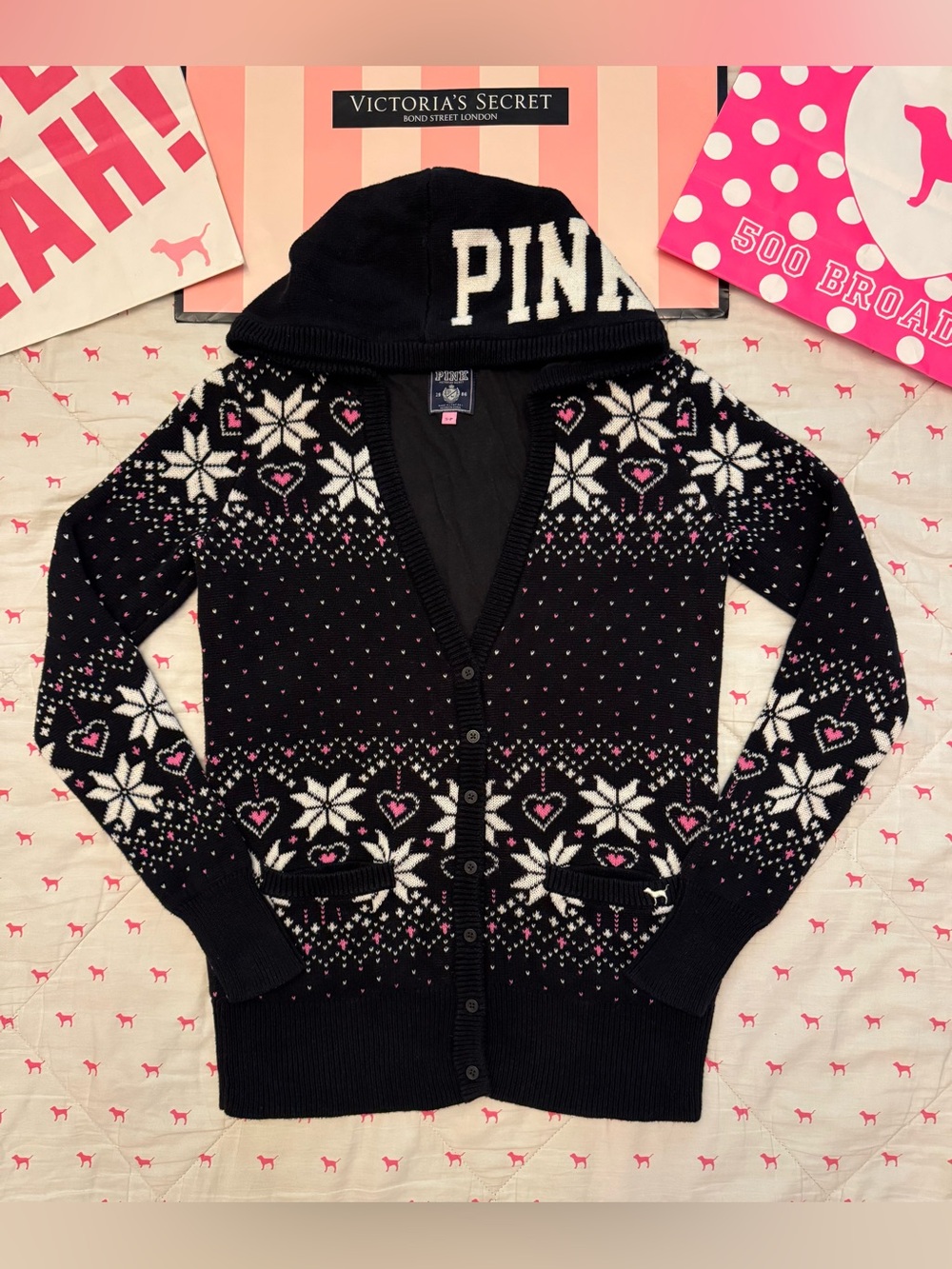 VS PINK VINTAGE Y2K HOODED KNIT CARDIGAN SWEATER FAIR ISLE HEARTS SNOWFLAKE RARE
